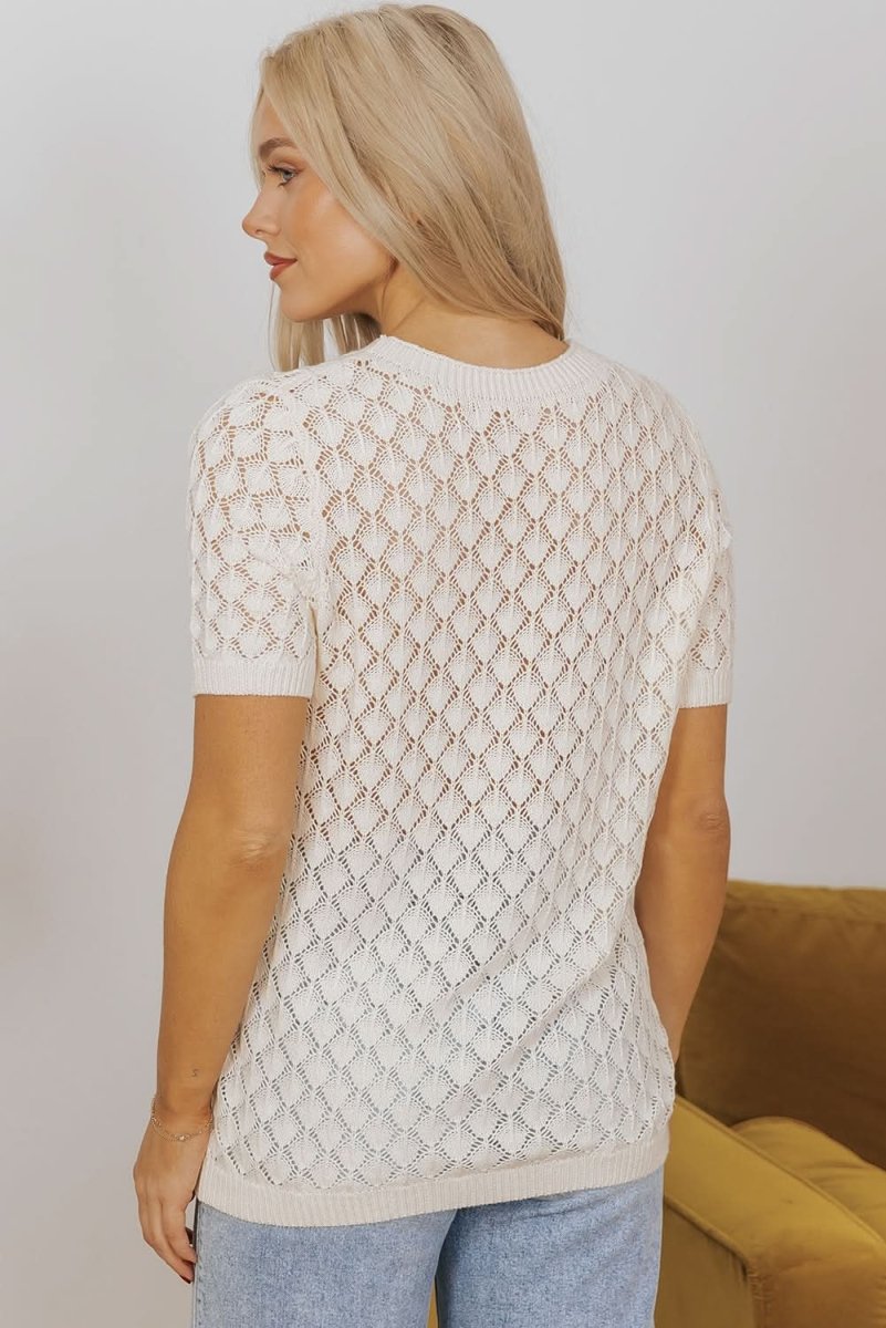 Beige Cut-Out Crochet Short Sleeve Sweater Tee - Love Salve